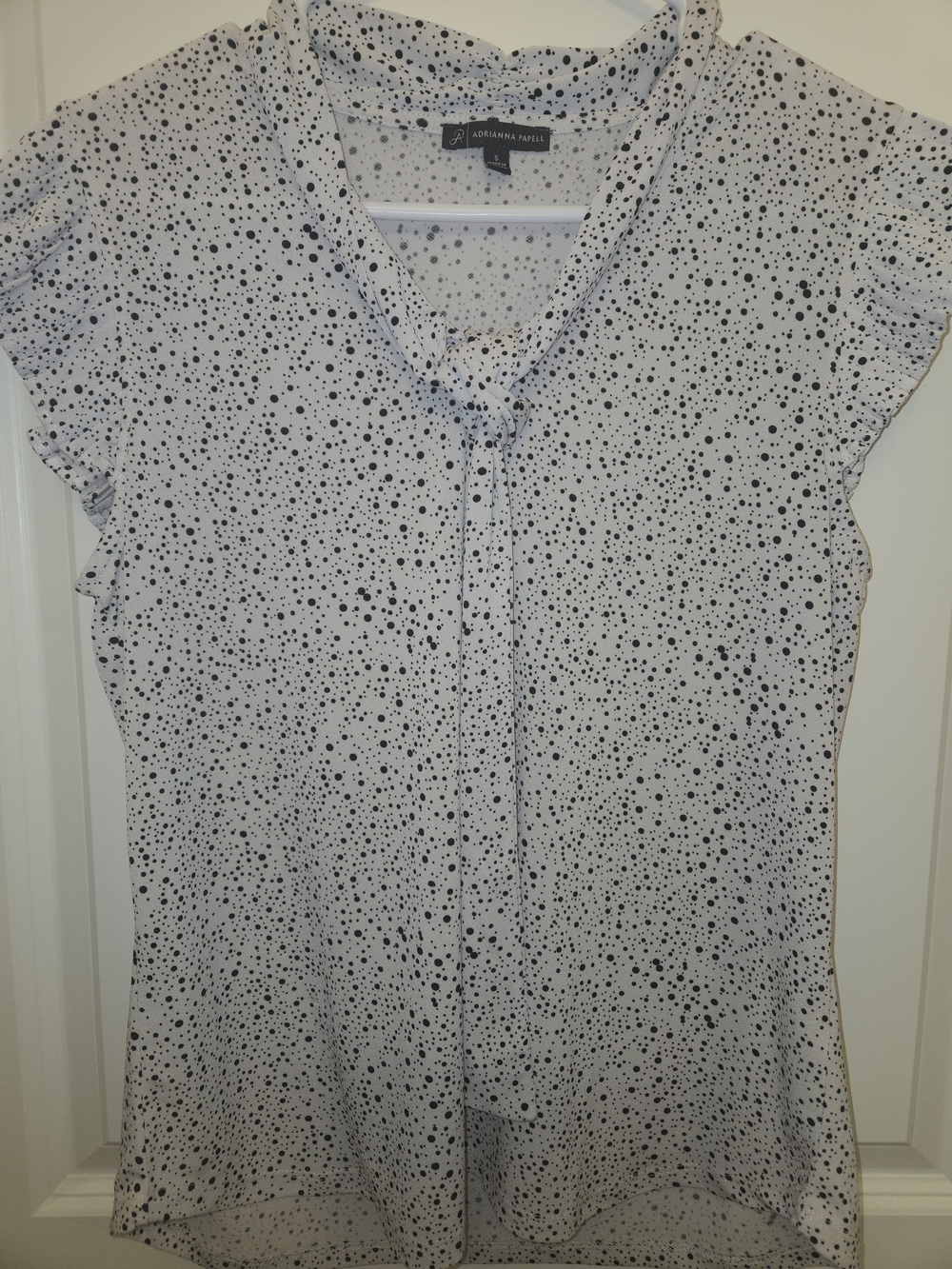 Adrianna Papell White Blouse with Black Dot Print and Tie Neck